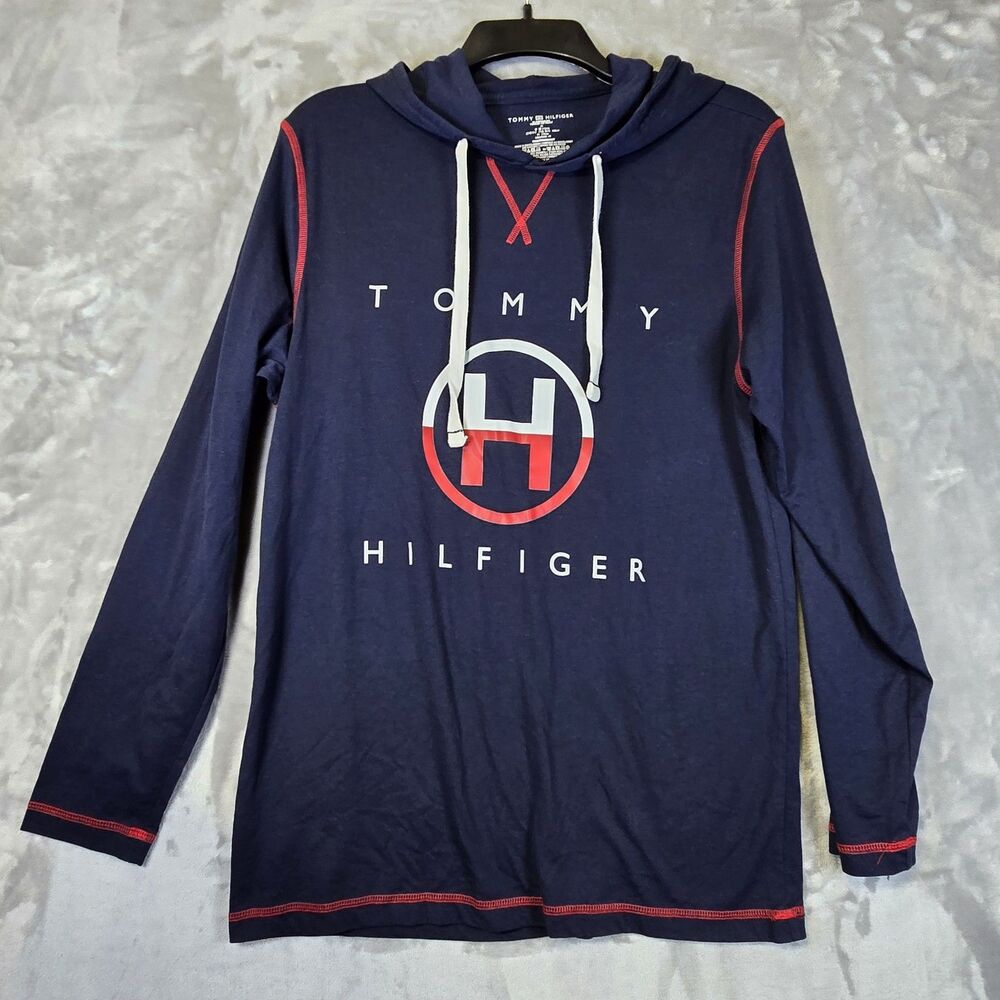 Tommy Hilfiger Pullover Sleep Hoodie M Navy Blue Long Sleeves Logo Lightweight